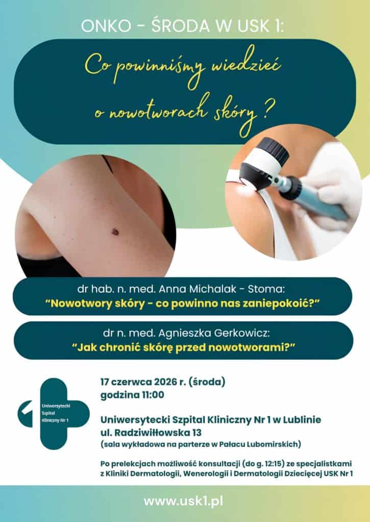 Plakat informacyjny promujący wydarzenie. W tle grafiki widoczne są okrągłe zdjęcia przedstawiające znamię na skórze oraz badanie dermatoskopowe.