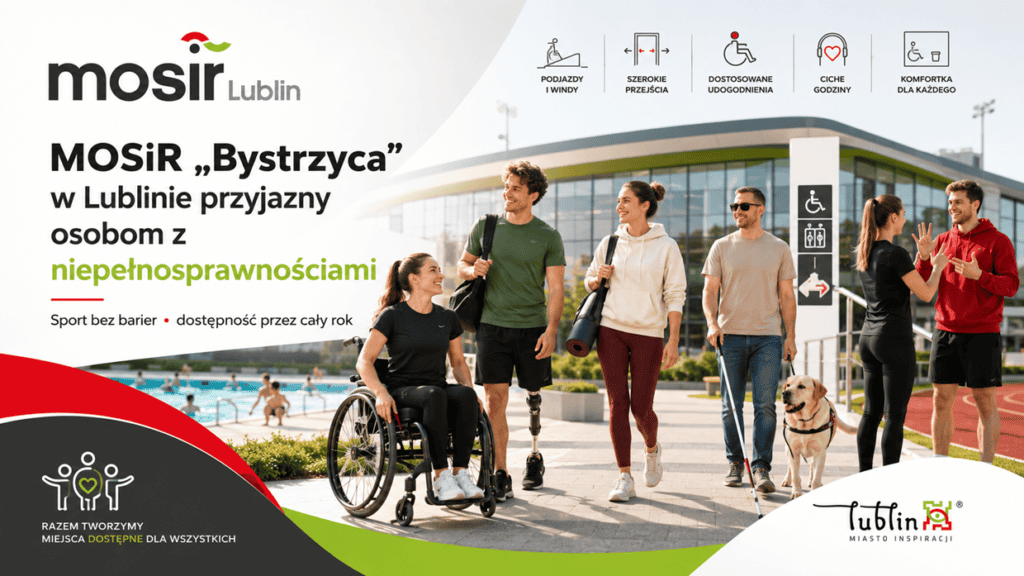 Grafika MOSiR Lublin przedstawiająca osoby z niepełnosprawnościami przed obiektem sportowym z symbolami dostępności. Hasło: Sport bez barier – dostępność przez cały rok.