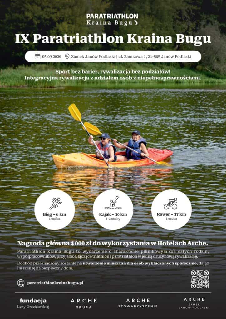 Plakat informacyjno-promocyjny wydarzenia „IX Paratriathlon Kraina Bugu”, zawierający zdjęcie dwóch kobiet w kajaku na rzece oraz szczegóły dotyczące dyscyplin, daty i celu charytatywnego.