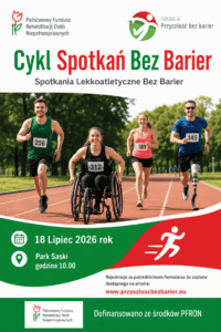 Plakat informujący o wydarzeniu. Na grafice przedstawiono uczestników biegu, w tym osoba poruszająca się na wózku oraz osoba z protezą nogi.