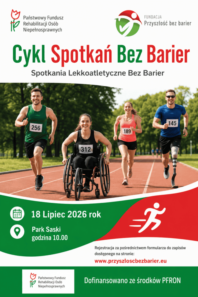 Plakat informujący o wydarzeniu. Na grafice przedstawiono uczestników biegu, w tym osoba poruszająca się na wózku oraz osoba z protezą nogi.