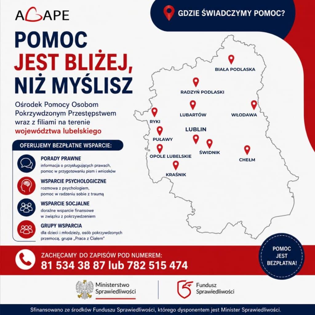 Plakat informacyjny Stowarzyszenia AGAPE dotyczący bezpłatnej pomocy dla osób pokrzywdzonych przestępstwem na terenie województwa lubelskiego. Na grafice widnieje hasło: „Pomoc jest bliżej, niż myślisz”. Ośrodek Pomocy Osobom Pokrzywdzonym Przestępstwem oraz jego filie świadczą wsparcie w miastach: Lublin, Biała Podlaska, Radzyń Podlaski, Lubartów, Włodawa, Chełm, Świdnik, Kraśnik, Opole Lubelskie, Puławy i Ryki. Oferowana pomoc obejmuje porady prawne, wsparcie psychologiczne, wsparcie socjalne oraz grupy wsparcia. Kontakt telefoniczny: 81 534 38 87 lub 782 515 474. Pomoc jest bezpłatna i finansowana ze środków Funduszu Sprawiedliwości.