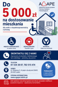 Grafika informacyjna Stowarzyszenia AGAPE o możliwości uzyskania do 5 000 zł na dostosowanie mieszkania dla osób z niepełnosprawnością ruchową.