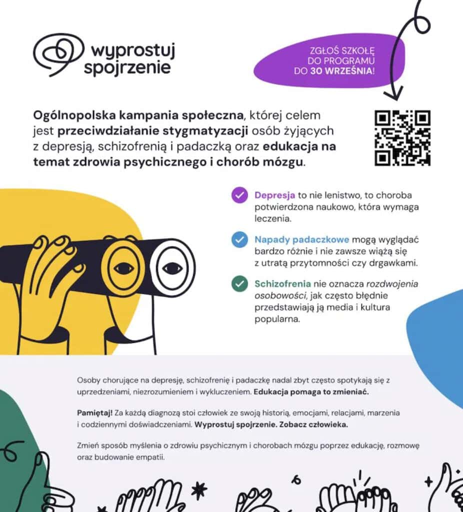 Grafika kampanii „Wyprostuj spojrzenie” promującej empatię i przeciwdziałanie stygmatyzacji osób z depresją, schizofrenią i padaczką. Ilustracja przedstawia postać patrzącą przez lornetkę oraz informacje edukacyjne obalające stereotypy dotyczące tych schorzeń.