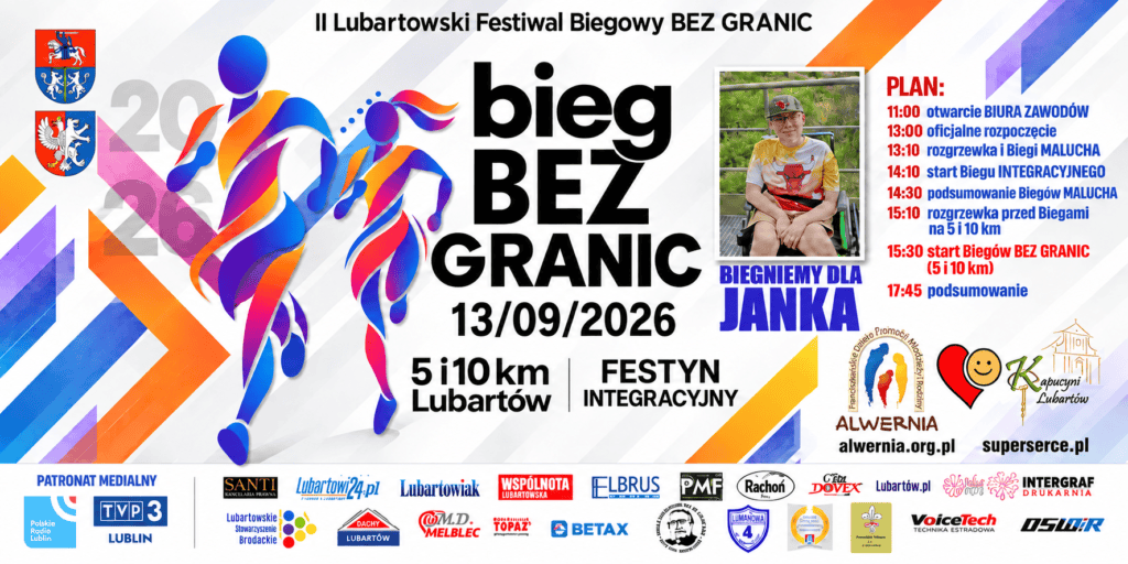 Plakat wydarzenia „II Lubartowski Festiwal Biegowy Bez Granic”. Na plakacie widoczne są grafiki biegaczy, zdjęcie uczestnika na wózku oraz logotypy organizatorów i partnerów.
