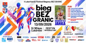 Plakat wydarzenia „II Lubartowski Festiwal Biegowy Bez Granic”. Na plakacie widoczne są grafiki biegaczy, zdjęcie uczestnika na wózku oraz logotypy organizatorów i partnerów.