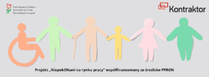 Baner projektu „NiepokONani na rynku pracy”. Grafika przedstawia kolorowe sylwetki osób, w tym symbol osoby poruszającej się na wózku. Na banerze znajdują się logotypy PFRON i Kontraktor.