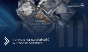 Grafika promująca konkurs „Nagroda Trzeciego Sektora” Województwa Lubelskiego. Na zdjęciu widoczne są szklane statuetki z napisem „Nagroda Trzeciego Sektora”, a na grafice znajduje się tekst: „Konkurs na działalność w Trzecim Sektorze”.