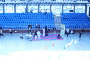 Na płycie dużej hali sportowej odbywają się pokazy sztuk walki i zajęcia sportowe. Wokół znajdują się niebieskie trybuny.