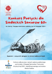 Plakat Konkursu Poetyckiego dla Siedleckich Seniorów 60+ z ilustracją dłoni trzymającej pióro.
