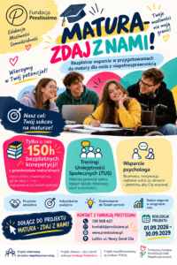 Plakat promujący przedsięwzięcie projektu. Na plakacie widać czworo uśmiechniętych młodych ludzi przy stole z książkami i laptopem. Jedna z osób korzysta z wózka inwalidzkiego.