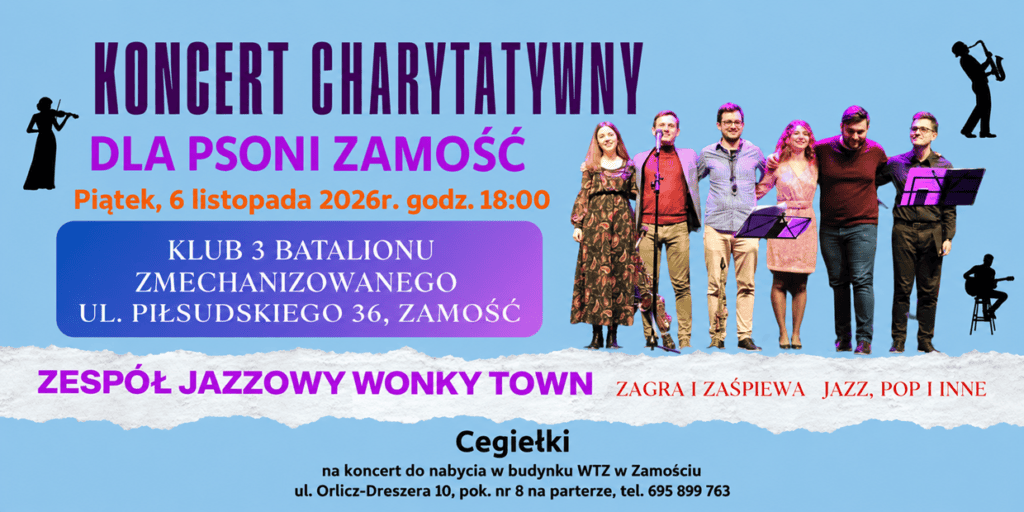 Grafika promuje koncert charytatywny dla PSONI Zamość. Na jasnoniebieskim tle umieszczono fotografie członków zespołu muzycznego oraz sylwetki instrumentów muzycznych.