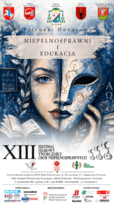 Plakat XIII Festiwalu Filmowego Twórczości Osób Niepełnosprawnych „Niepełnosprawni i edukacja”. Ilustracja przedstawia twarz częściowo przesłoniętą ozdobną maską, otoczoną książkami i symbolami nauki, w odcieniach błękitu, bieli i złota.