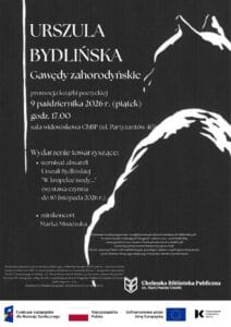 Czarno-biały plakat promujący wydarzenie kulturalne organizowane przez Chełmską Bibliotekę Publiczną im. Marii Pauliny Orsetti.