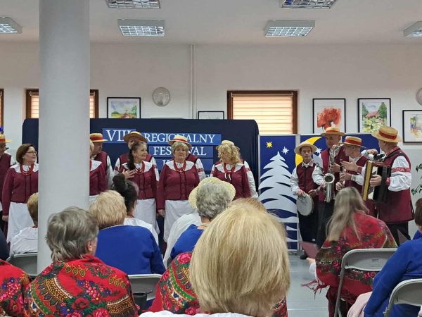 Zespół w strojach ludowych; widok z widowni