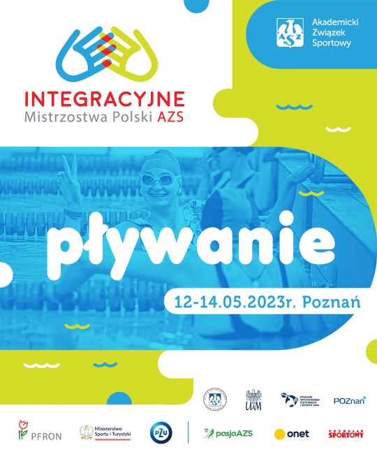 IMP_23-02 Plakat informacyjny Integracyjnych Mistrzostw Polski AZS w pływaniu, Poznań 12-14 maja 2023 r. | Plakat: Aneta Popławska / PLAKATOWISKO